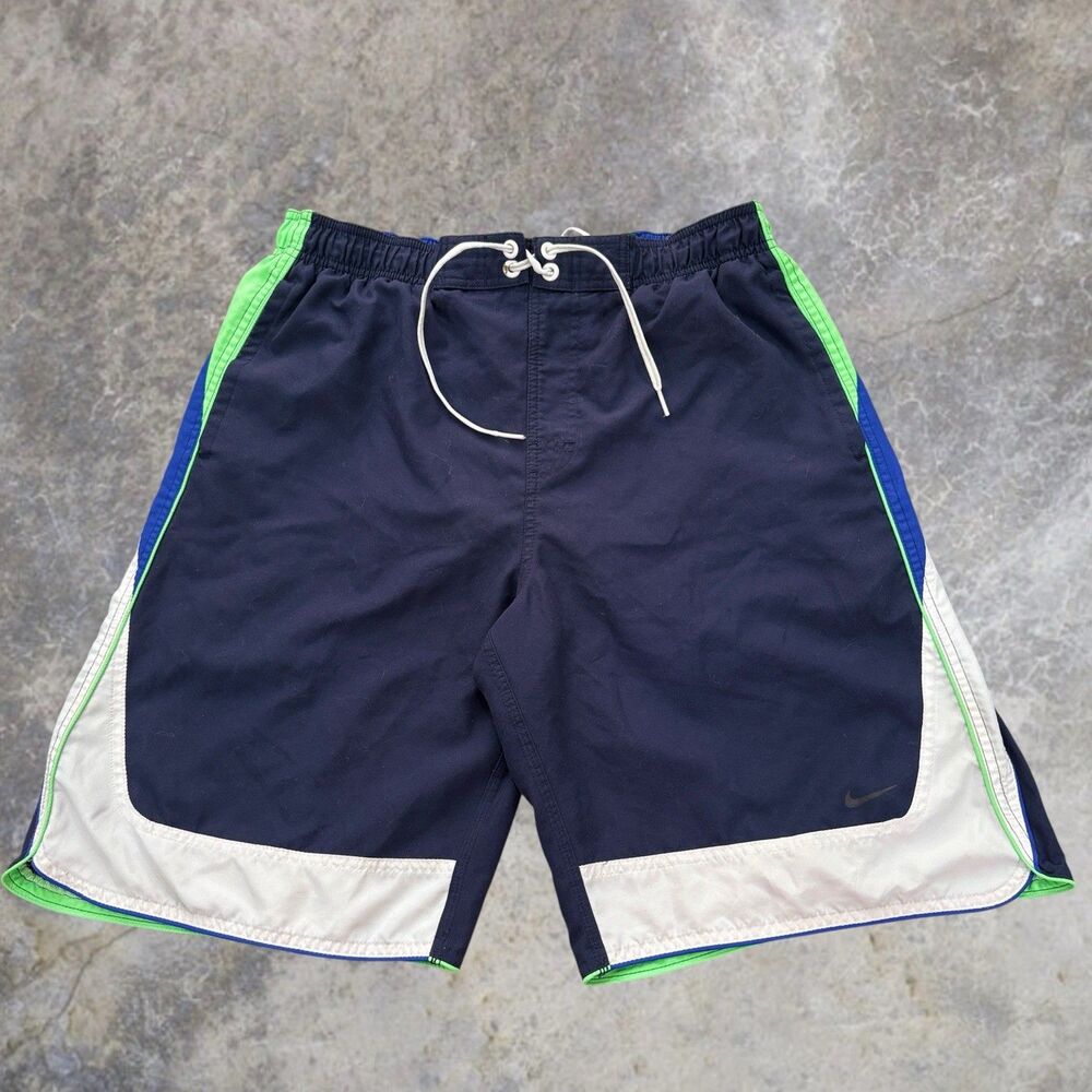 Nike Board Shorts Men’s Size Large 10” Navy Blue Retro Color Block Summer Swim